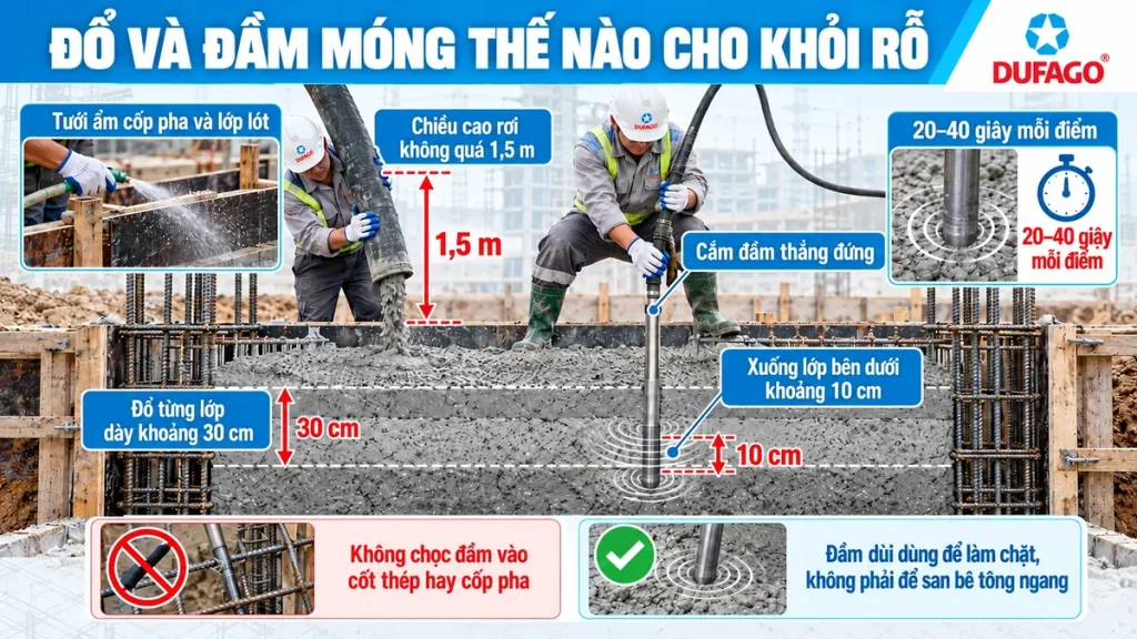 Đổ từng lớp và đầm dùi bê tông móng để tránh rỗ
